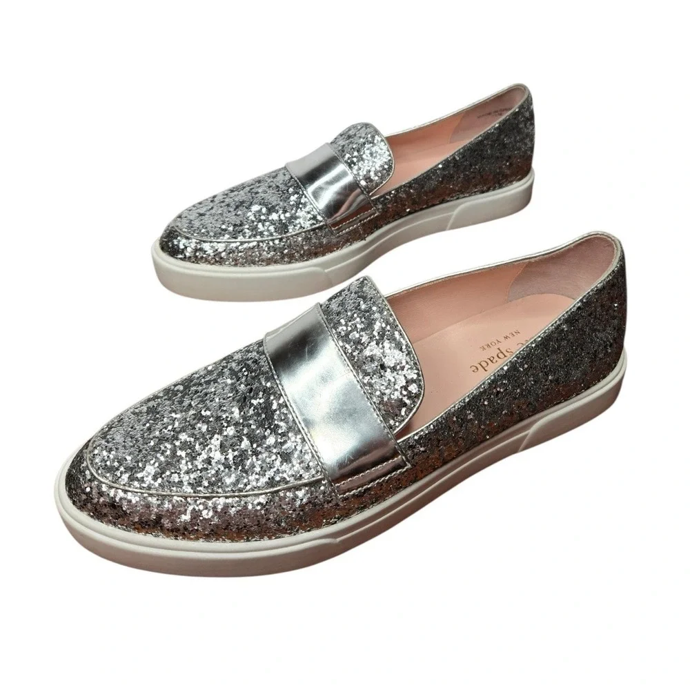 Kate Spade Clover Glitter Leather Slip-On Sneakers Silver Metallic Loafers 7.5